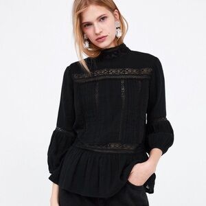 Nwt Zara Black Laced Cotton Blouse